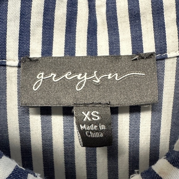 Greyson The Hero Blue White Striped Smocked Side Button Down Shirt XS - Picture 2 of 4